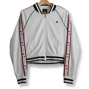 CHAMPION Retro Style Full Zip Athletic Track Jacket White w/ Logo Sz S Flawed